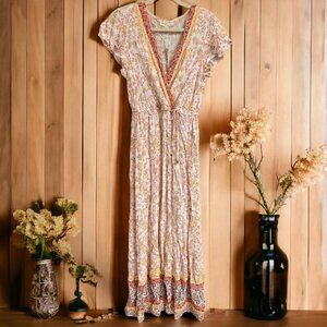 BeBop Floral Maxi Dress in Cream, Yellow & Coral Trim